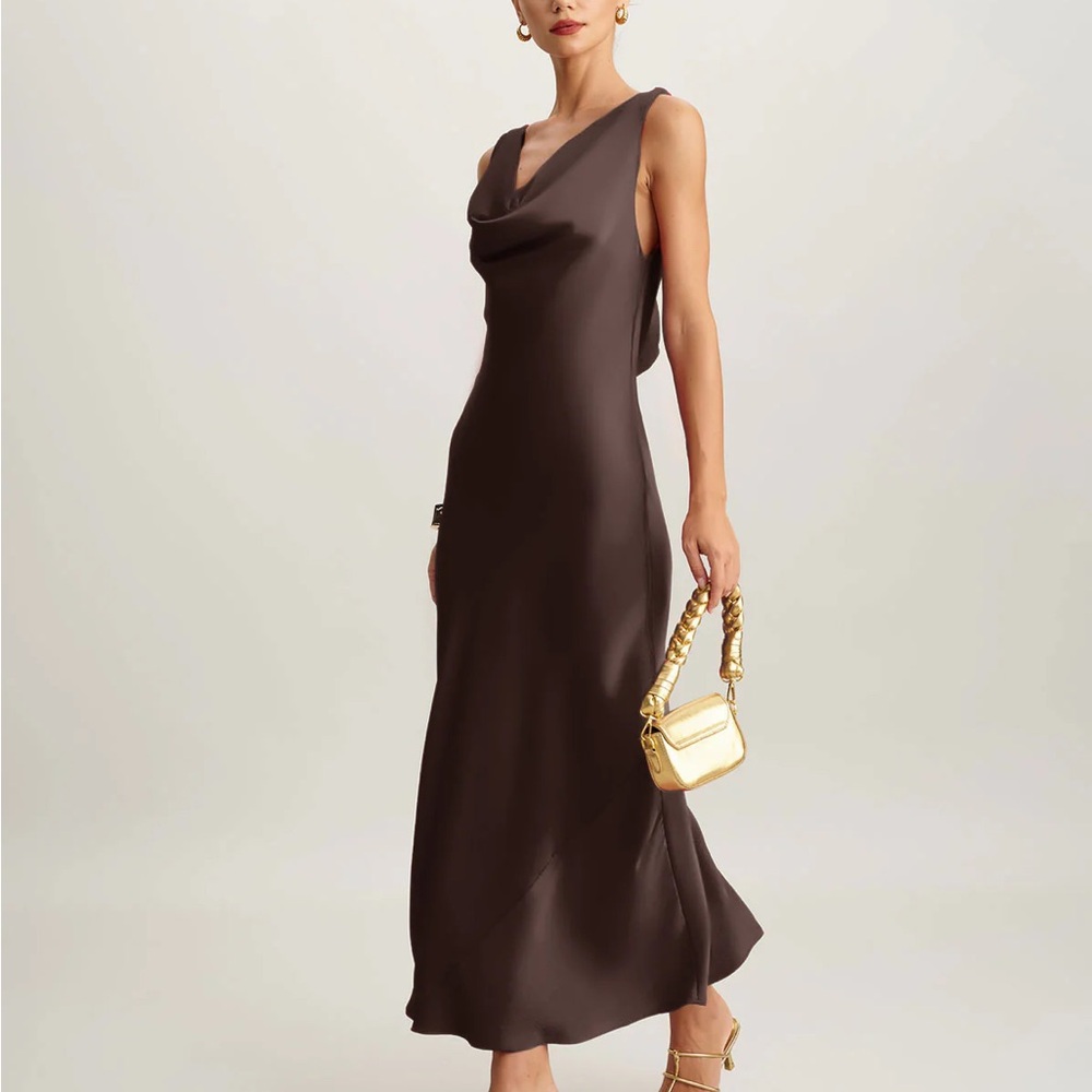 Coffee Satin Cowl Neck Maxi Dress